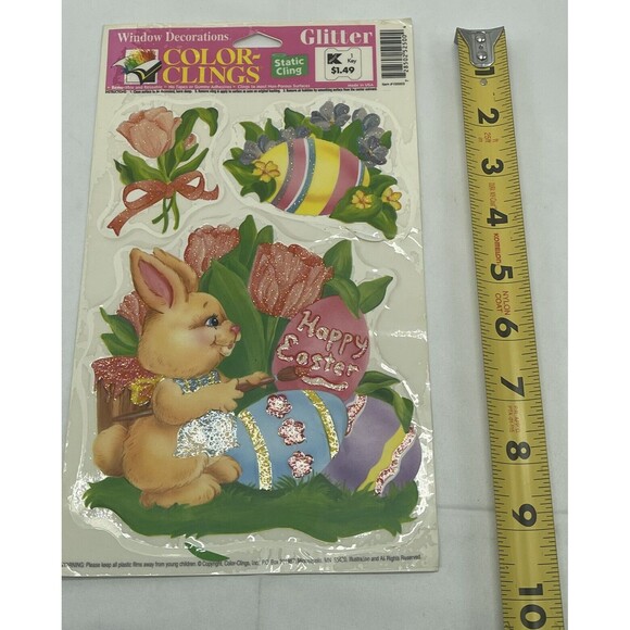 Vtg Color Clings Happy Easter Window Decorations Bunny Rabbit Eggs Flower Small - Picture 3 of 9